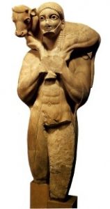 A stone man carrying a calf over his shoulders. He is nude and bearded.