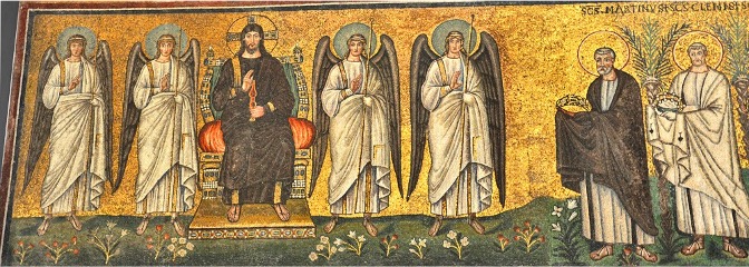 Christ enthroned against a gold background. Two from his left. Angels stand on each side of him and saints from the procession approach him.