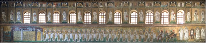 A panorama of the north wall. The throned Mary with angels is on one end of the procession of saints and the palace is at the other. Above them is the strip with clerestory windows and the saints standing between them.