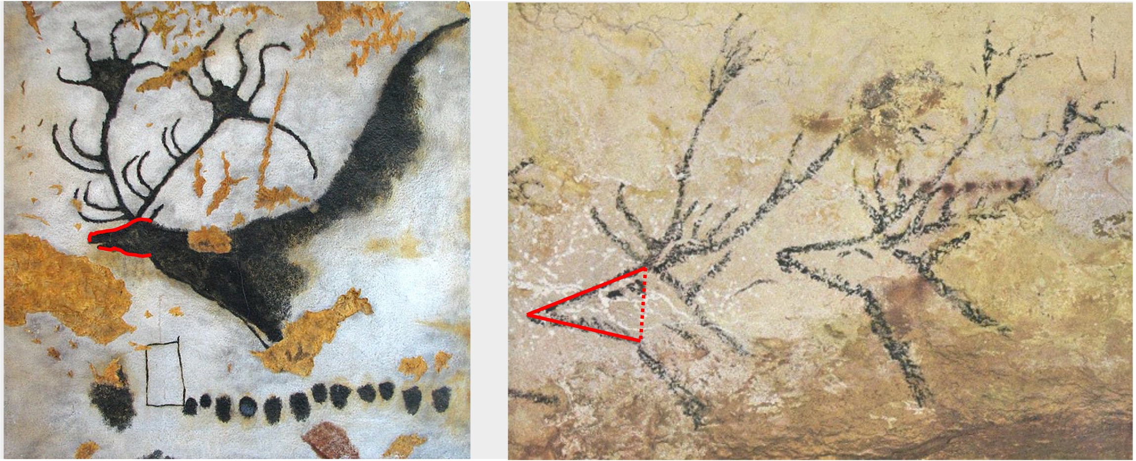 An abstracted drawing of a black stag, depicting the head and exaggerated antlers.Drawings on a cave wall of two deer heads with antlers. There is a red triangle indicating the shape of one of the heads.