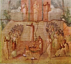 A painting of a festival involving animal sacrifice and many people.