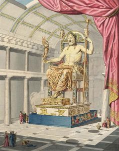 A drawing of a reconstruction of the Temple of Zeus with his huge statue in the center under a vault.