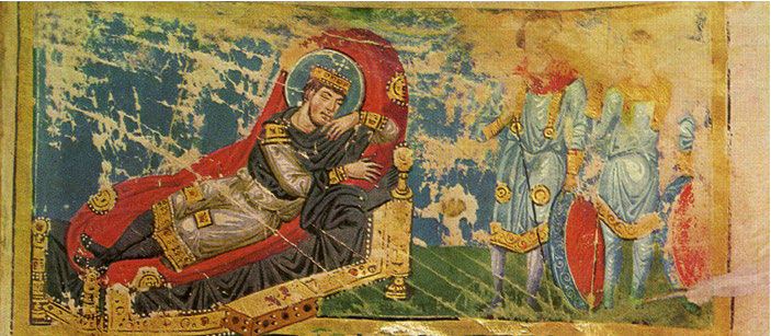 Manuscript illumination showing a man sleeping with soldiers standing near him.