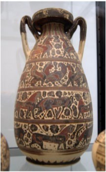 The jug displays bands of animals that fill all the space on the vessel.