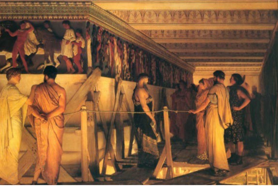 A painting of people viewing the painted frieze inside the Parthenon.
