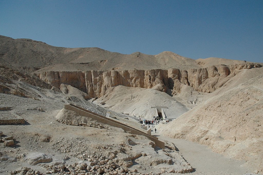 Image of tombs in the Valley of the Kings. Only the entrances can be seen in the hillsides.
