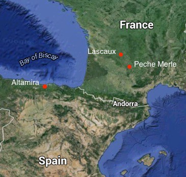 Map of Altamira, Lascaux, and Peche Merle located in Spain and France.