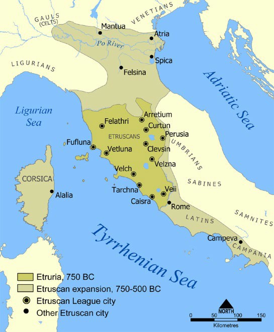 A map showing the areas occupied by the Etruscans, which cover much of what is now called Italy. Rome is one of many Etruscan cities identified.