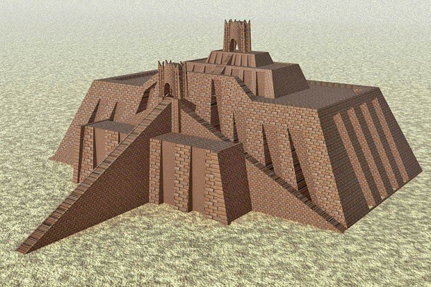 Drawing of a fortress-like building that is wider at the bottom than at the top. Two long ramps lead to a door near the top.