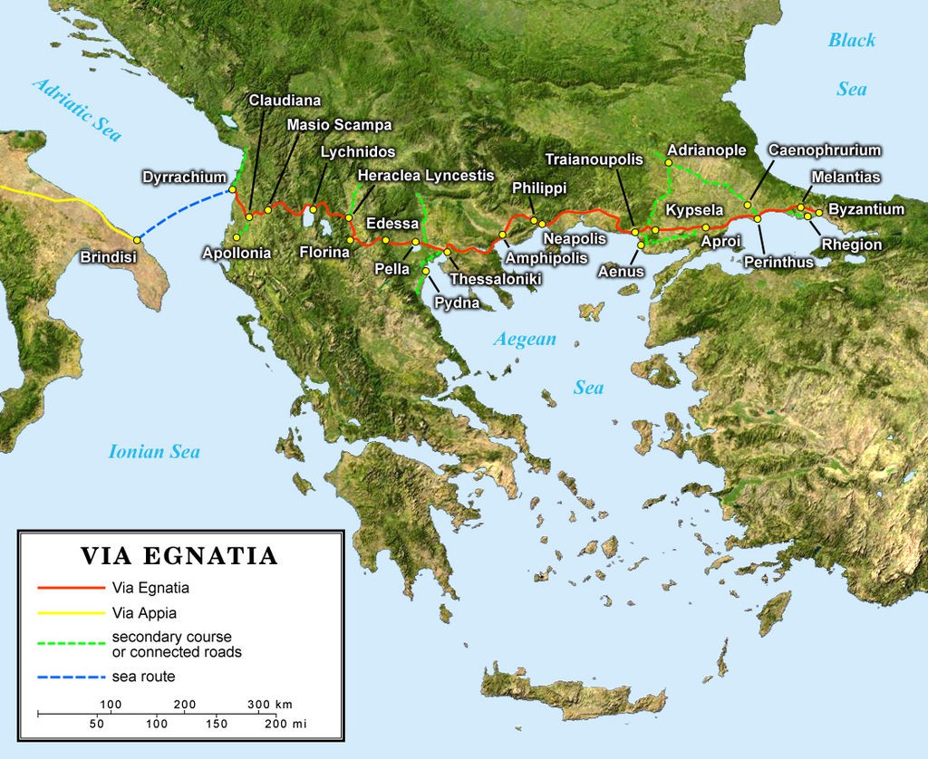 Map of Byzantium demonstrating two roads that link Rome with Asia Minor.