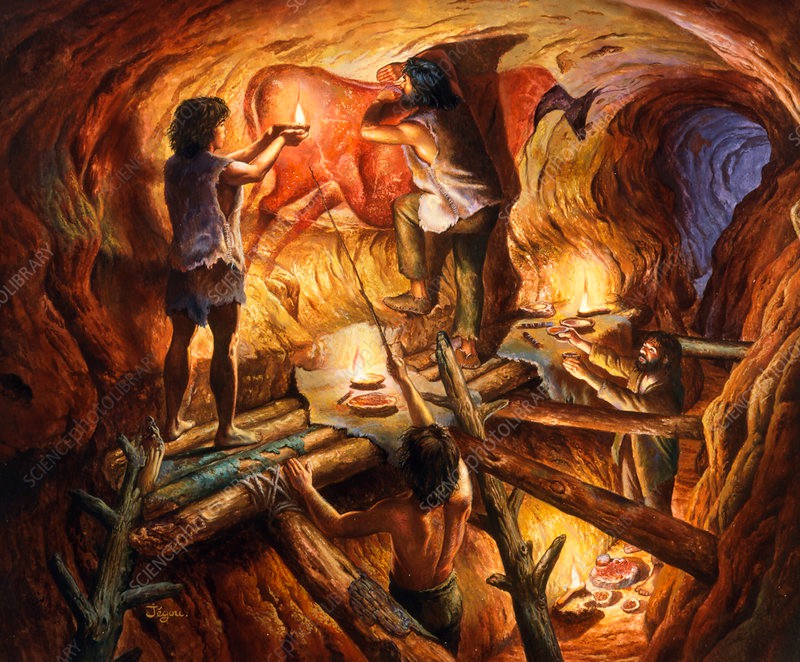 A painting of people from the Neolithic age, painting animals on a cave wall.