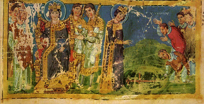 A fresco of a veiled lady with a loose robe and hands raised in prayer. Saint Helena sits on a throne while a similarly dressed man talks to a crowd.