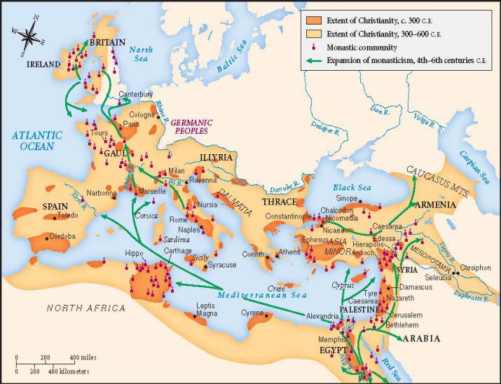 A map showing the expansion of monastic expansion and of Christian expansion. The area surrounds the Mediterranean and includes Asia minor and Ireland.