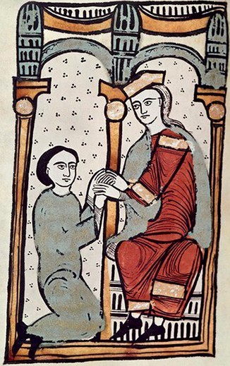An illustration of a kneeling man with hands in the modern prayer position. He kneels before a crowned man sitting on a throne. The king holds his hands over those of the kneeling man.