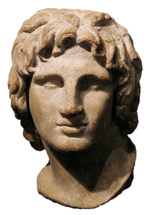 The carved stone head of Alexander the Great, looking a lot like Apollo.