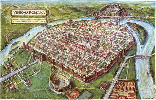 A bird’s eye drawing of Verona with city walls, an arena and the Adige river included.