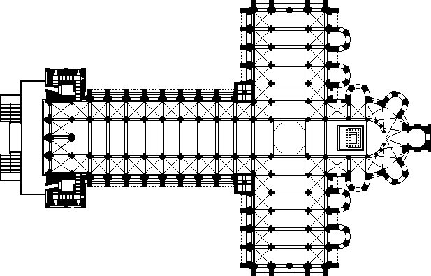 A ground plan of the church reveals an apse with radiating chapels, a large nave and a large transept that completes the cross-shape of the building. A Narthex provides an entrance.