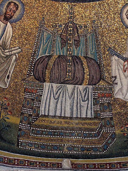 A close-up of part of the ceiling mosaic that shows a prepared throne on a raised platform.