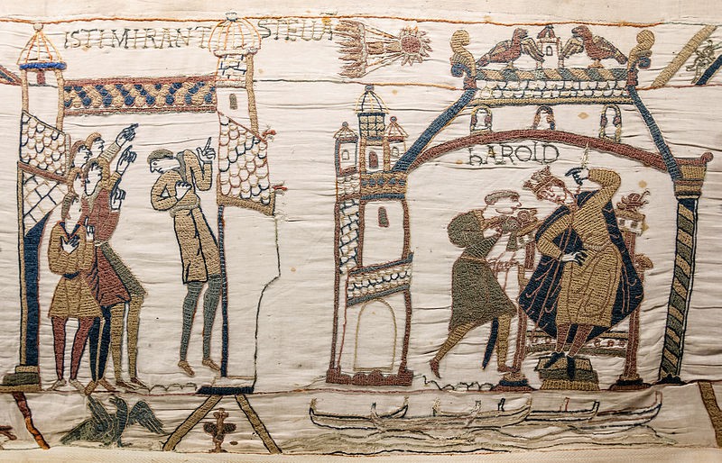 Harold sits on a throne while people in another building point toward a comet int the sky.