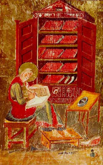 An image of Matthew writing in a book using a good deal of red and gold. Refer to the text for details.