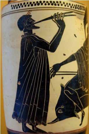 An image of an aulos player seen in black against the white background of aa pottery vessel.