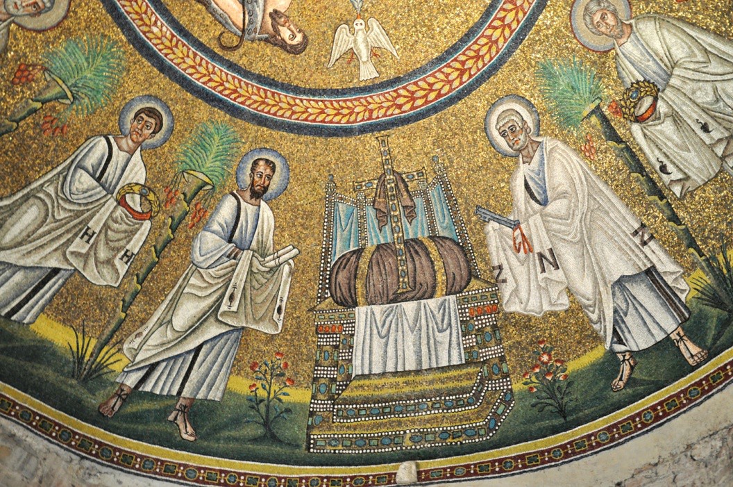 Peter and Paul with halos and stylized clothing stand on either side of a throne.