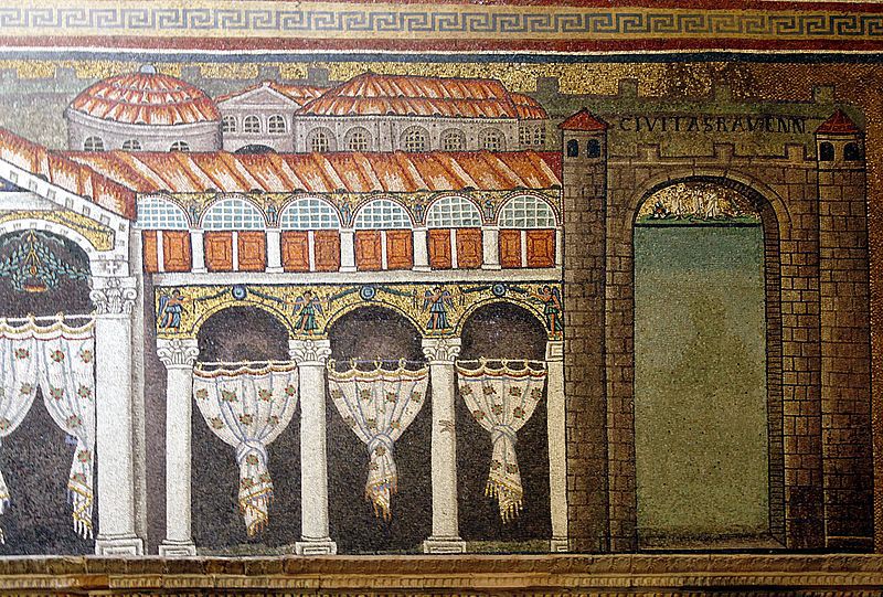 A doorway with nothing in it to the right of the modified mosaic with the floating arm in it.