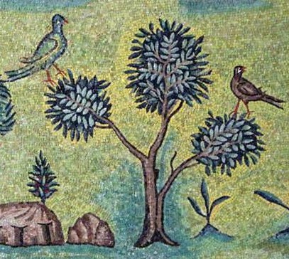 Detail of the stylized meadow at Sait’ Apollinare. Two birds sit in a cartoonish tree.