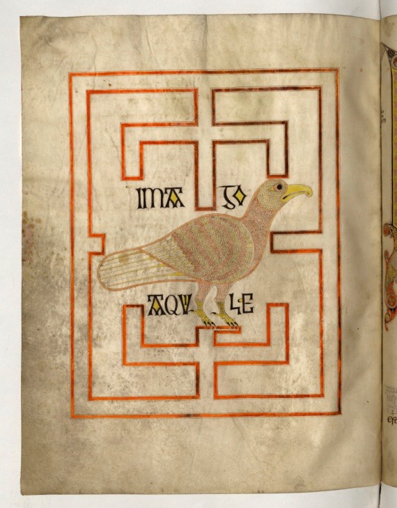 A page illustrating the symbol of John, a bird against a geometric background.