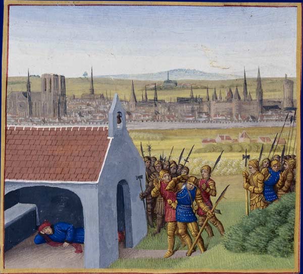 An illustration of a chapel with St. Denis and Paris behind it.