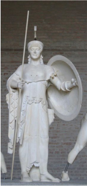 A close-up of Athena from the pediment scene. She stands with spear in hand and a shield on her left arm. Her left foot is turned to the side.