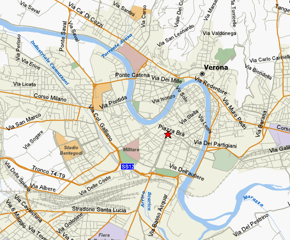 A map of modern Verona, a much larger city without walls or an indication of an arena.