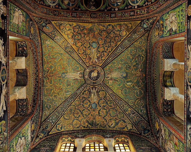 The vault directly over the apse is decorated in four sections of mosaic. The center holds a circle with a lamb in it.