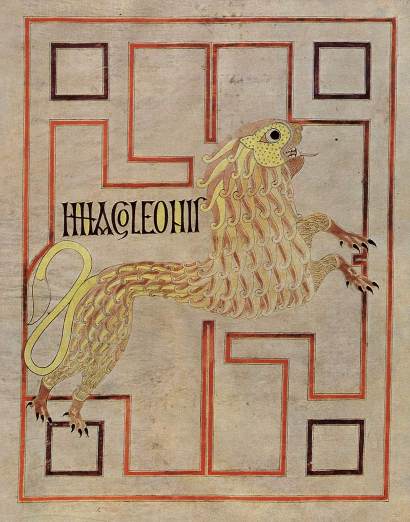 A page illustrating the symbol of Mark, a lion against a geometric background.