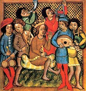 A colorful illustration of musicians playing lutes, flutes and horns.