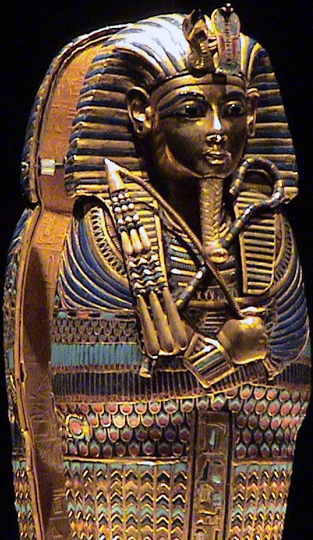 A New Kingdom canopic coffin of King Tut, used to store one of his organs. It is detailed and elaborate just as his full-sized coffin is. A golden canopic coffinette made to hold the young king’s liver. It is elaborately inlaid and so detailed that it looks like a full-sized coffin.