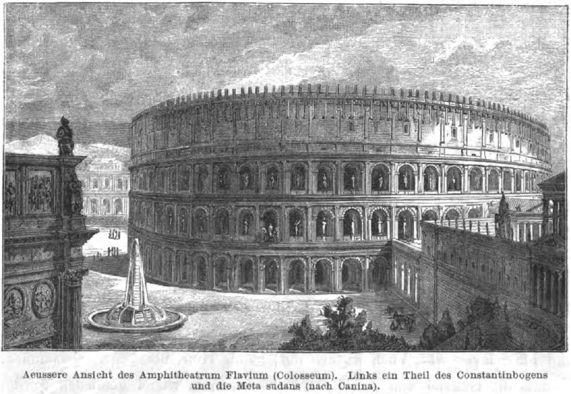A drawing of what the coliseum probably looked like with statues standing in the arches of the upper two levels.