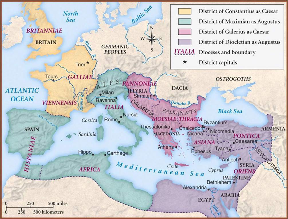 A Map of the Roman Empire showing the areas controlled by each of the tetrarchs.