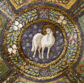 A close-up of the lamb against a starry background. Foliage and pears form a circle around it.