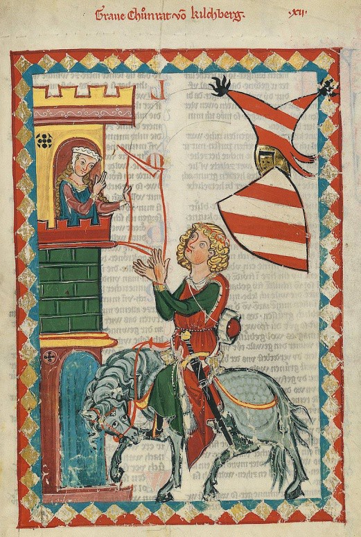 A man on horseback interacting with a woman in a tower.