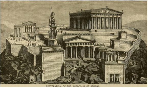 An illustration of a restored Acropolis, complete with a huge statue of Athena with her spear and shield.
