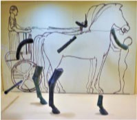 A drawing of complete Charioteer sculpture with the horses and chariot.