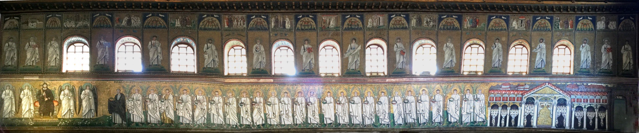 The palace at the right of the image and the enthroned Christ at the left provide “bookends” to the procession of saints. Above them is the strip with clerestory windows and the saints standing between them.