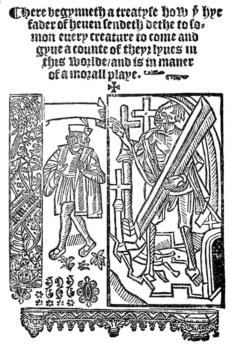 An engraving of a well-dressed man and a skeleton who stands in a panel beside him.