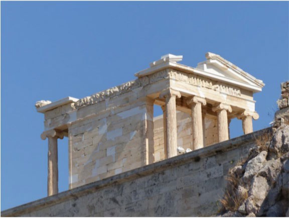 A view of the Nike temple from below, the view seen by people as they climbed toward the acropolis summit.