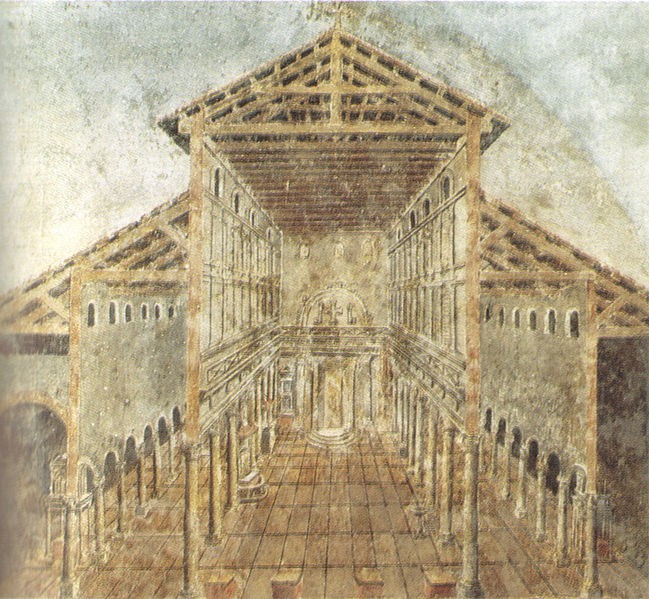 A cut-away drawing showing the nave and side aisles of the old Saint Peters.