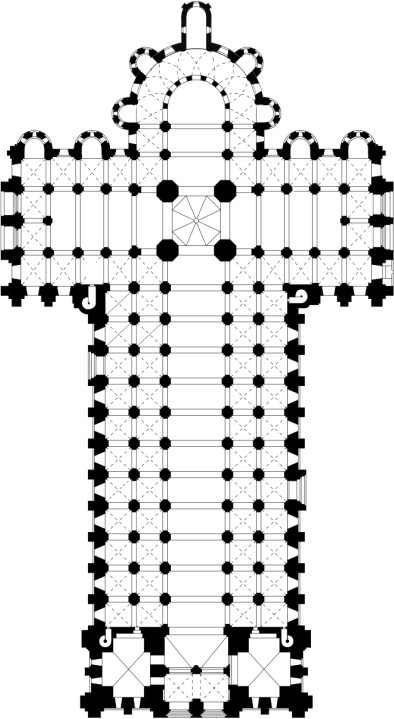 A ground plan of the church demonstrating its cross-shape and two aisles on each side of the large nave.