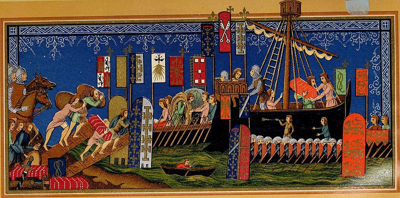 Men load bundles onto a ship. Colorful flags fly as soldiers on horses stand by.