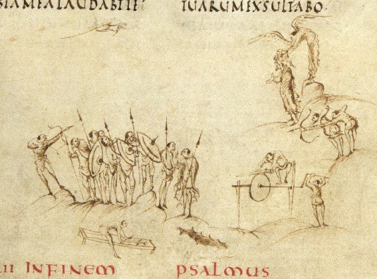 An ink drawing illustrating a story involving soldiers.