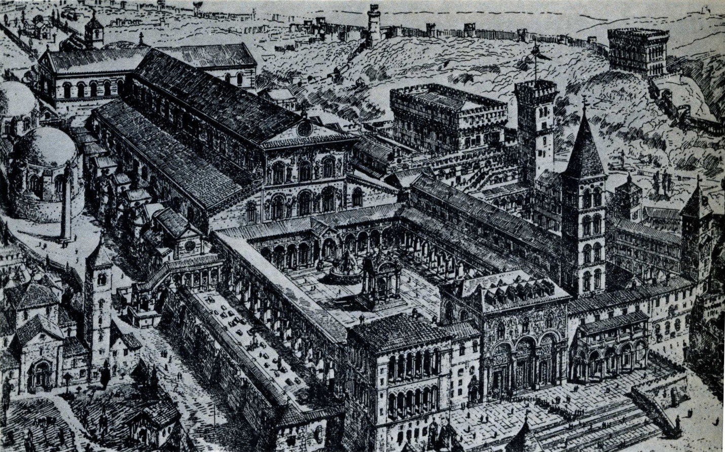 An etching of what the old Saint Peters probably looked like. Steps led up to the gate into a courtyard. The enclosed courtyard led to the narthex and basilica beyond.